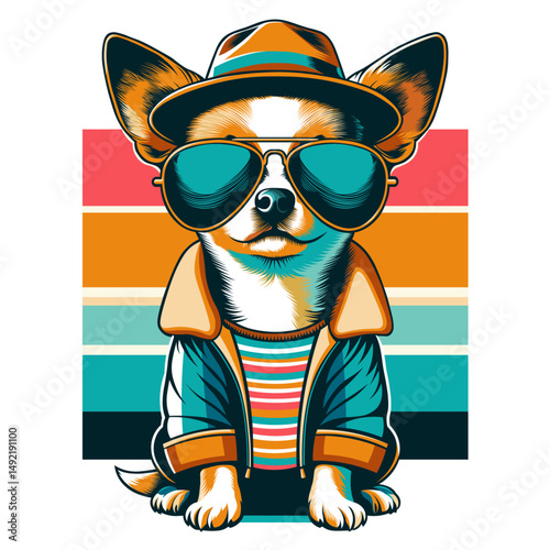cute Chihuahua dog wearing green sunglasses and a winter coat in colorful background editable vector illustration suitable for t-shirt print