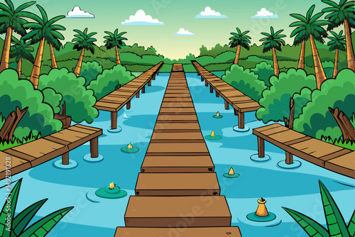 Jungle landscape with wooden walkways and water vector illustration