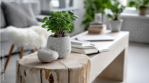 Modern living room decor with a stylish plant centerpiece on a rustic wooden table surrounded by natural light and greenery Generative AI