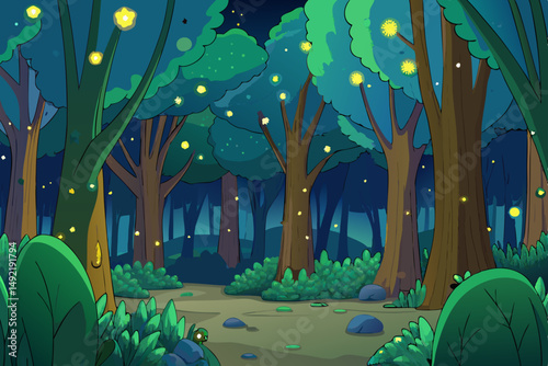 Glowing forest with magical fireflies vector illustration