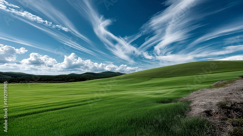 Vibrant green fields stretch under a stunning sky filled with dynamic clouds on a clear day in the countryside Generative AI