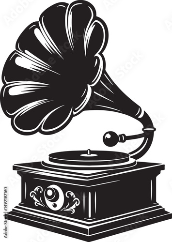 Illustration of a vintage gramophone with a record player in black and white style
