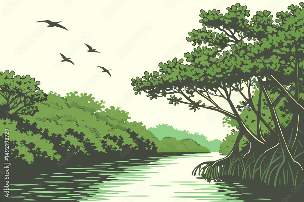 Fototapeta premium Hidden lagoon surrounded by lush jungle and birds vector illustration