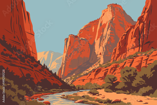Towering red rock formations under open sky vector illustration