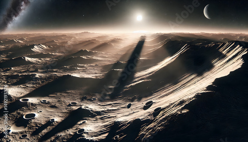 Sunlight breaks over a dramatic alien terrain filled with craters and mountains, casting long shadows under a distant moon..