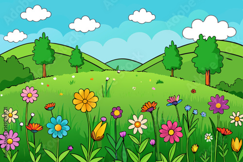 Vibrant wildflower meadow in lush greenery vector illustration