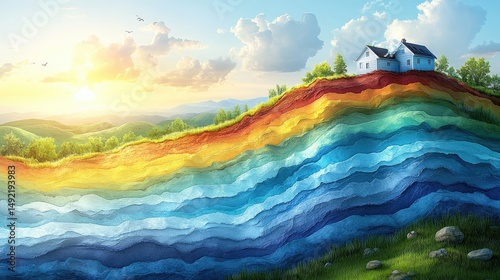 Vibrant landscape with abstract layers and quaint house at sunset