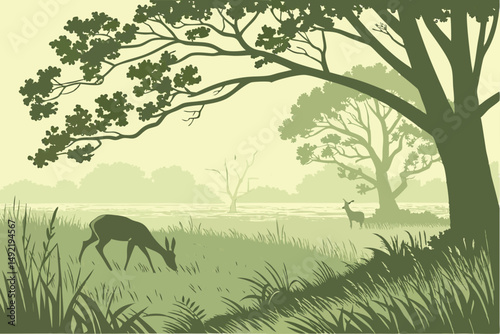 Foggy grassland with deer in early morning light vector illustration