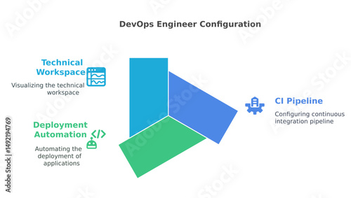 An illustration of DevOps engineer configuration with technical workspace, deployment automation and CI pipeline in graphic form