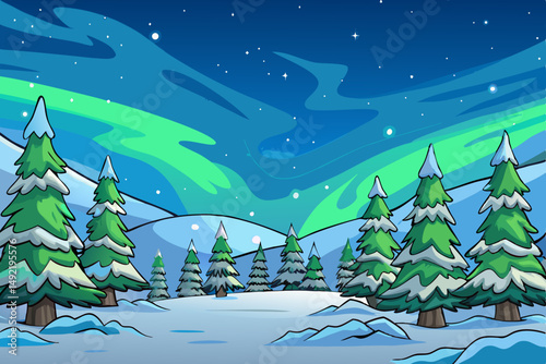 Northern lights shining over snowy forest vector illustration