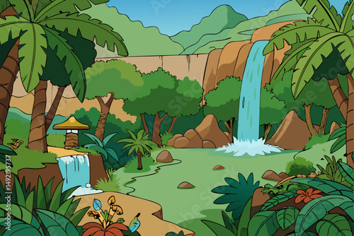 Dense jungle with hidden waterfall and exotic greenery vector illustration