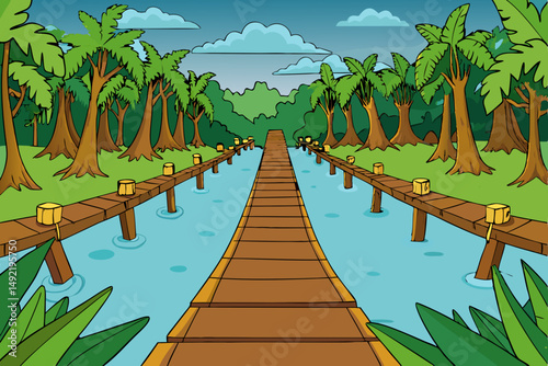 Flooded jungle with wooden walkways and lush plants vector illustration