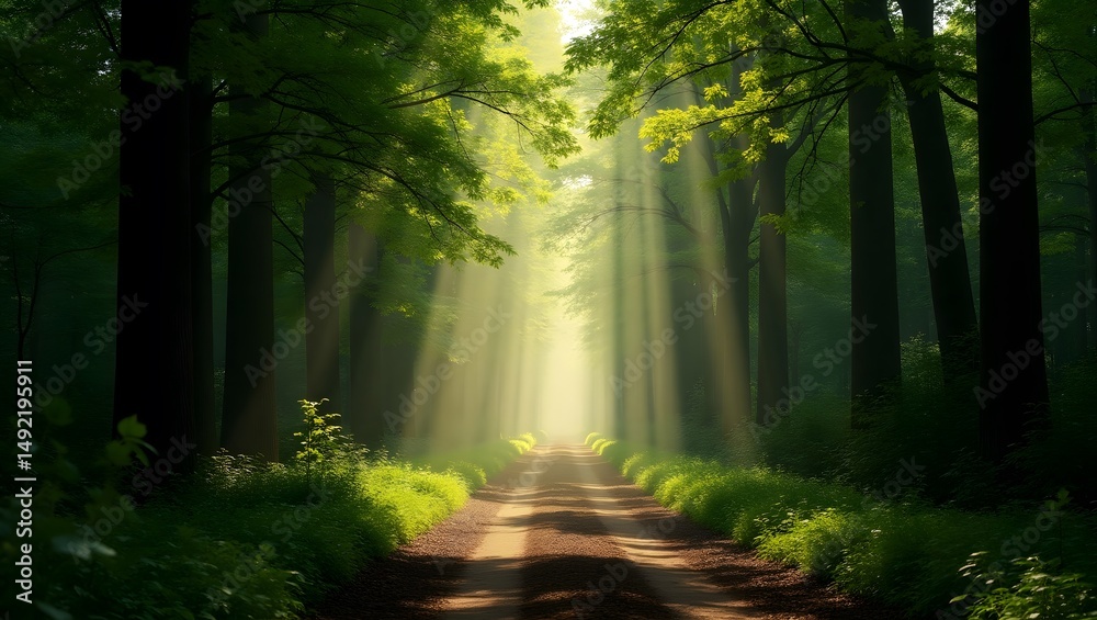 Obraz premium Forest Path in Sunlight: A sun-dappled path winds invitingly through a lush, verdant forest, creating a sense of wonder and tranquility. Rays of sunlight pierce the canopy.