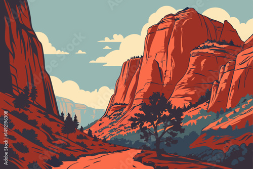 Towering red rock formations under vast sky vector illustration