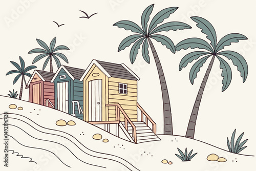 Palm-lined beach with colorful huts on shoreline vector illustration