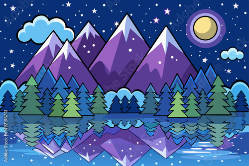 Peaceful mountain lake reflecting a starry night sky vector illustration