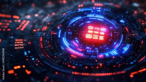 Wallpaper Mural Glowing futuristic digital interface with concentric circular patterns of blue and red light representing advanced technology and data flow Torontodigital.ca