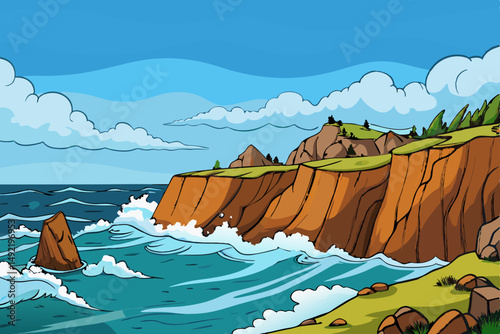 Rocky coastline with crashing waves under clouds vector illustration