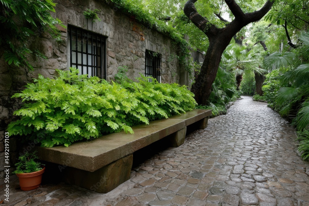 Fototapeta premium Cobblestone pathway lined with lush greenery in a tranquil garden setting