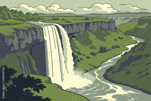 Towering waterfall plunging into deep canyon gorge vector illustration