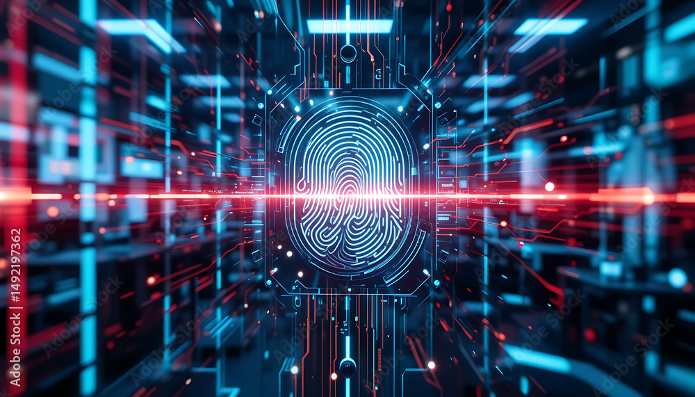 Fototapeta premium Cybernetic Fingerprint: Digital Identity Grid with Red Laser Focus.