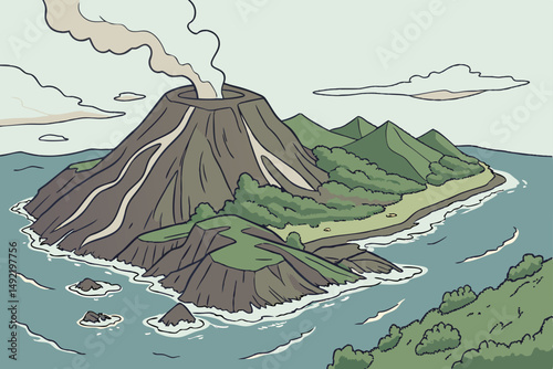 Volcanic island with smoke rising from crater vector illustration