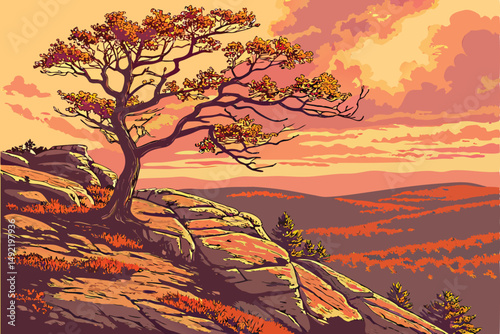 1 solitary tree on rocky mountain peak, autumn foliage, dramatic sunset light, digital art, epic landscape, intricate details, hyper-realistic, cinematic, 8k