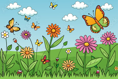 Colorful wildflower field with butterflies flying vector illustration