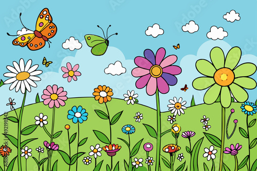 Wildflower meadow with fluttering butterflies vector illustration