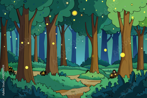Enchanted forest with magical fireflies at dusk vector illustration