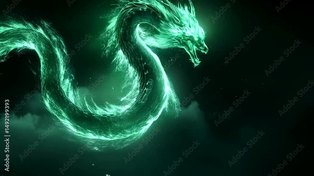 Green dragon in starry night sky.