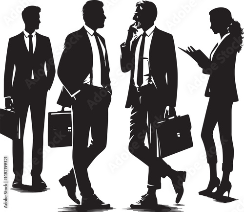 Silhouettes of four business professionals in suits with briefcases and a document