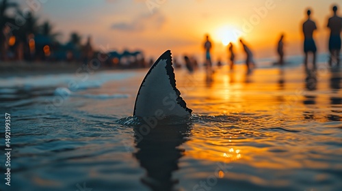 Shark fin in the sea at sunset, creating a sense of danger on vacation