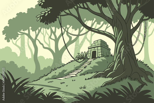 Jungle island with hidden ancient ruins vector illustration