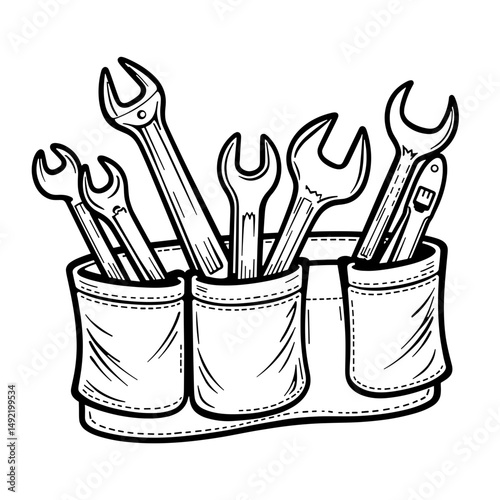 Detailed line art of tool belt filled with hand tools, craftsmanship