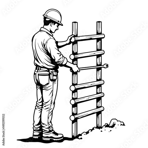 Worker tightening scaffold joint with wrench, construction precision