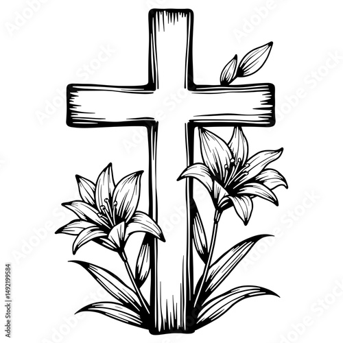 Elegant cross with Easter lilies in line art style, spiritual symbolism
