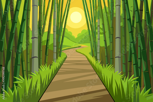 Bamboo forest path with sunlight streaming through vector illustration
