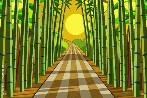 Sunlight filtering through serene bamboo forest path vector illustration