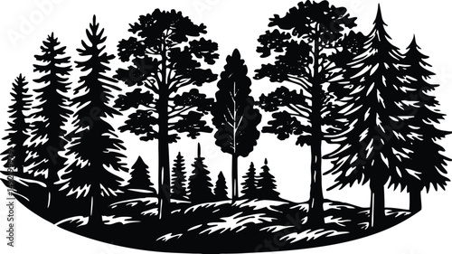 Forest silhouette with layered tree lines creating a peaceful natural scene. Minimalist black nature landscape perfect for backgrounds, outdoor themes, and environmental designs