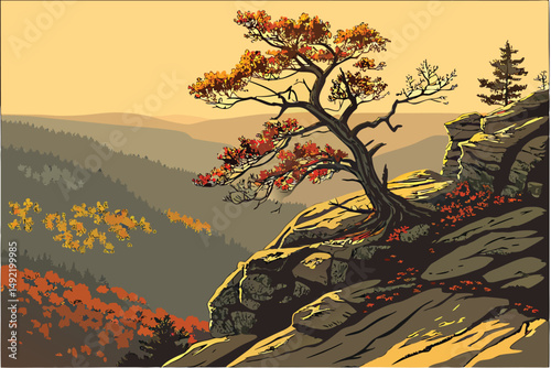 1 solitary tree on rocky mountain peak, autumn foliage, dramatic sunset light, digital art, epic landscape, intricate details, hyper-realistic, cinematic, 8k