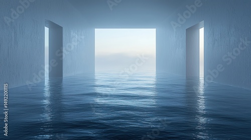 Empty hallway flooded with tranquil water