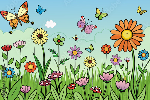 Wildflower meadow filled with fluttering butterflies vector illustration