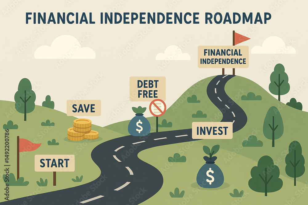 A visually engaging financial independence roadmap illustrating key milestones like saving, investing, and becoming debt-free. Perfect for resources on financial planning.