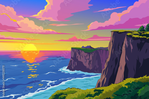 Breathtaking cliffside overlooking a vast ocean vector illustration