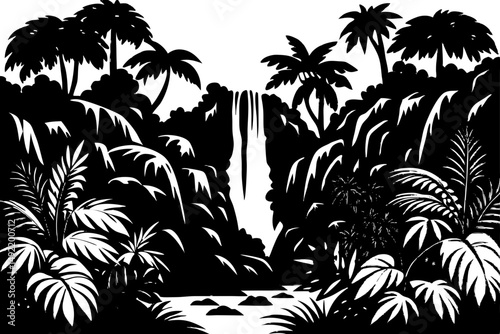 Dense jungle with hidden waterfall and exotic plants vector illustration