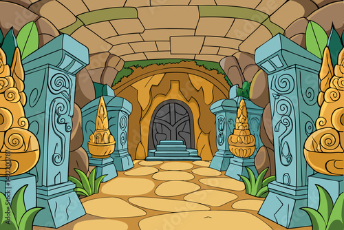 Forgotten cavern with ancient wall carvings vector illustration