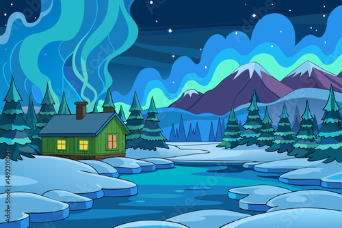 Frozen lake under northern lights with cozy cabin vector illustration