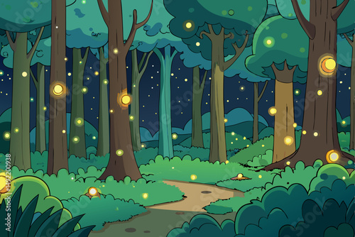 Magical forest glowing with fireflies at night vector illustration