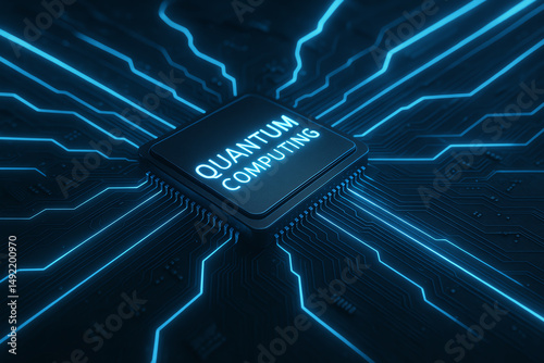A close-up view of a quantum computing chip surrounded by glowing blue circuitry. This image illustrates advanced technology and the future of computing, symbolizing innovation.
